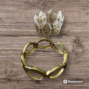 Bundle of two gold fashion bracelets. Bangle and stretch.